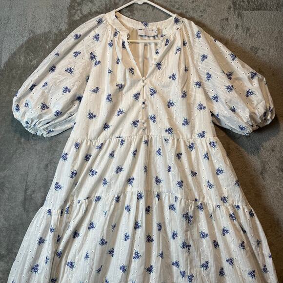 ASOS EDITION Puff Sleeve Midi Dress Ditsy Floral Embroidered White Blue Size‎ 8 - Picture 4 of 9